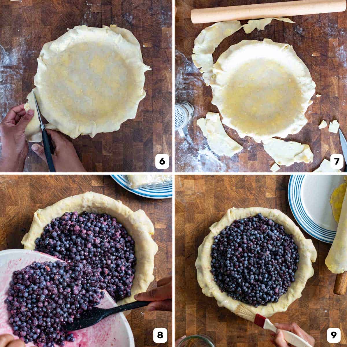 Collage of photos showing a pie dish covered in a bottom crust and being filled with a wild blueberry filling.