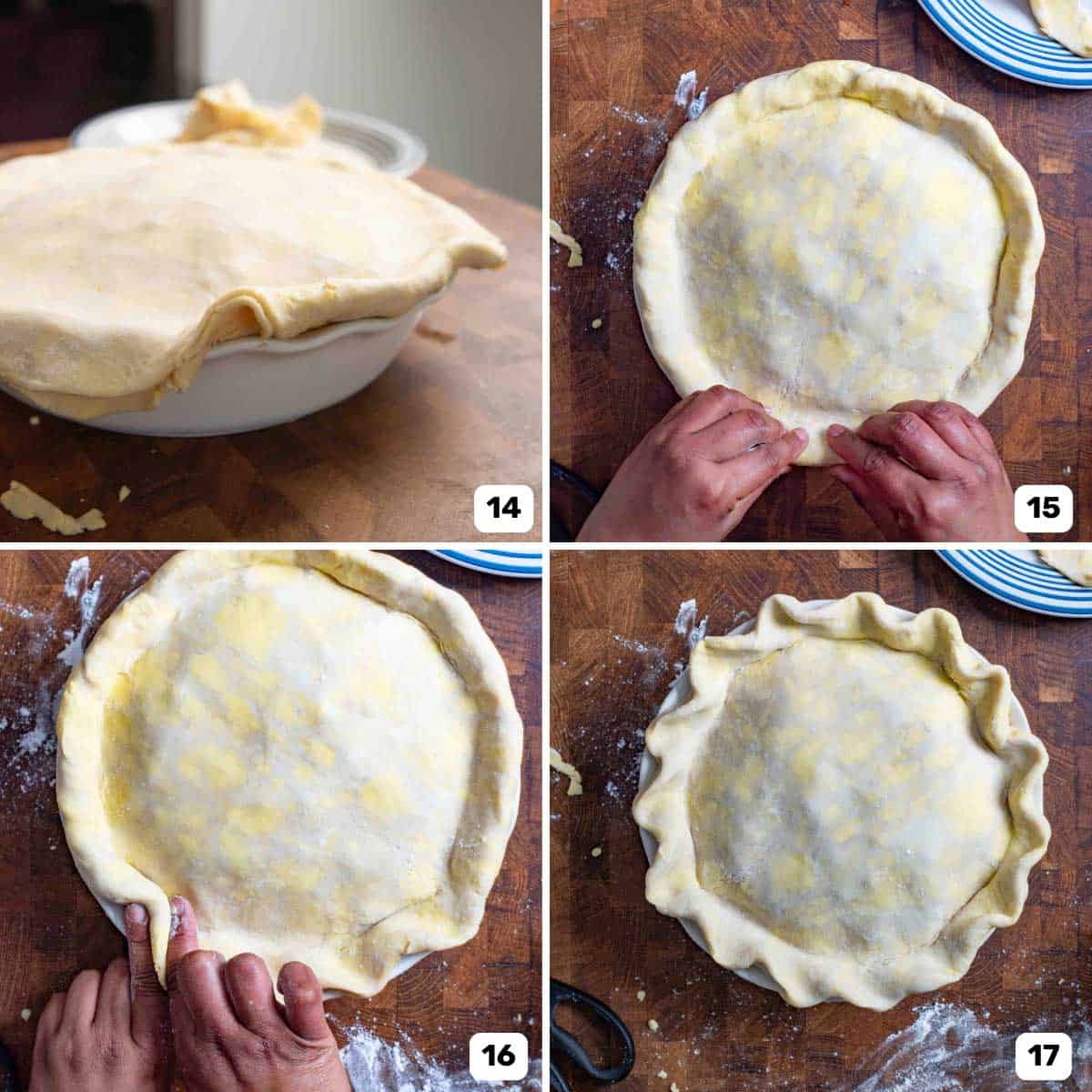 Collage of photos showing how to seal the top crust with the bottom crust by crimping when making a double pie crust.