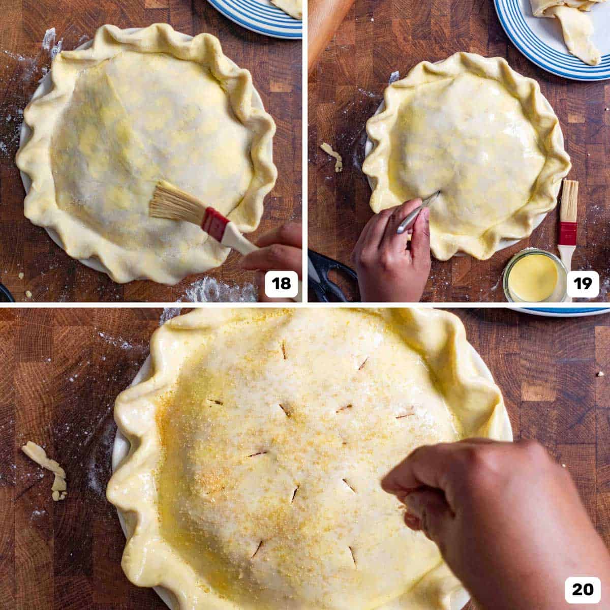 Brushing the top crust with an egg wash, cutting venting holes and sprinkling sugar on the surface before baking.