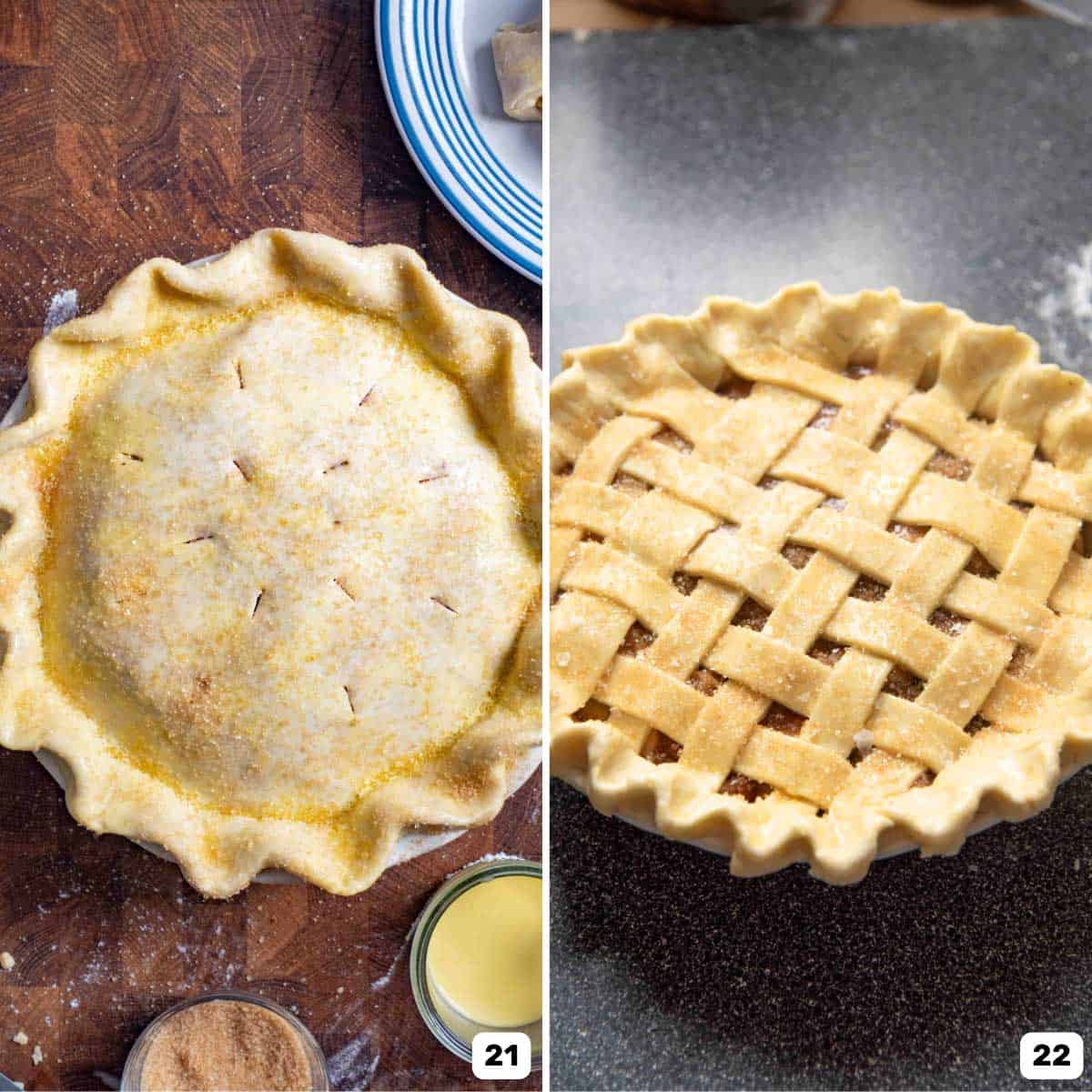 Side by side of two double crusted pies; one with a solid top crust and second with a lattice pie crust.