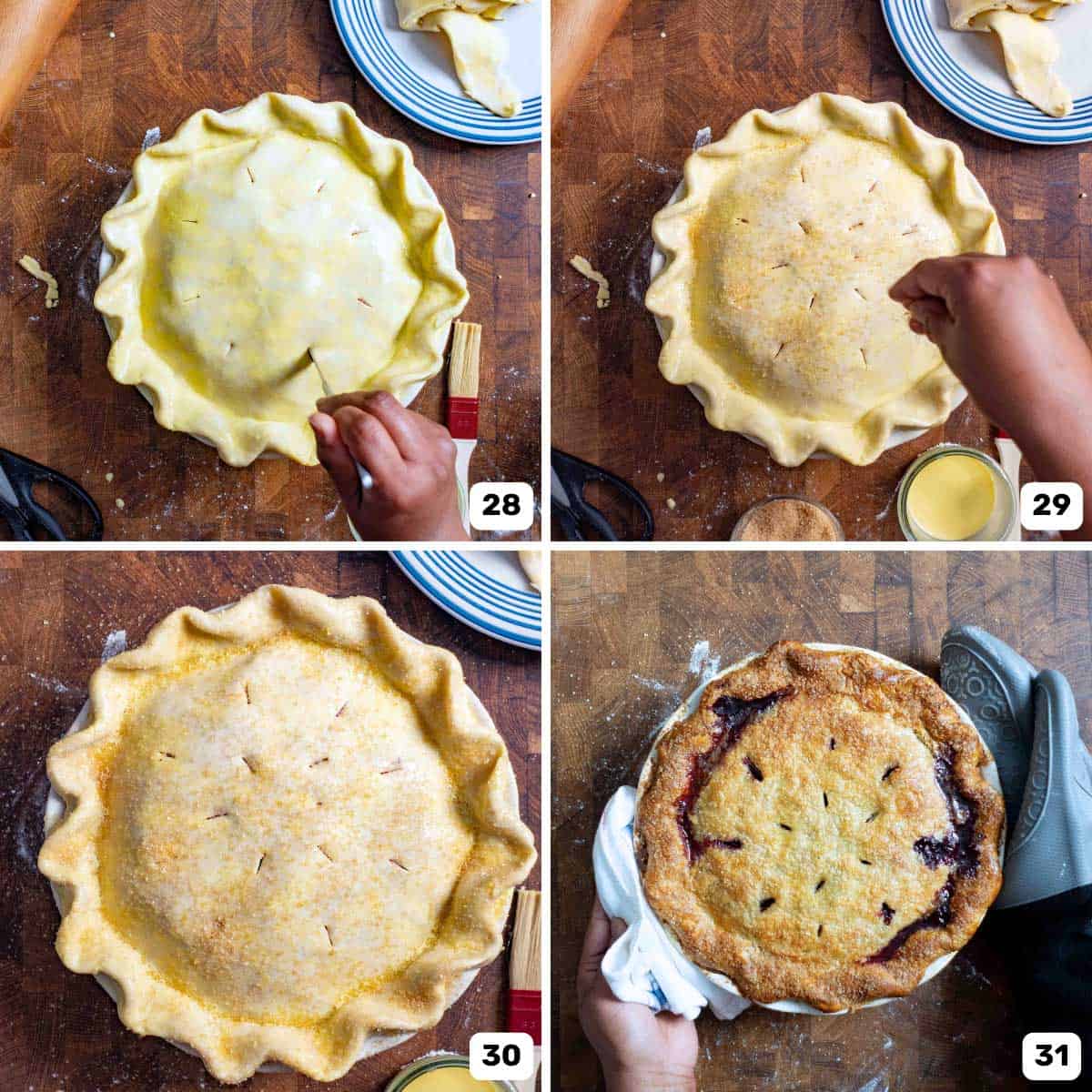 Creating vent holes on the top crust with a sharp knife, then sprinkling the top crust with raw sugar, and a fully baked blueberry pie.