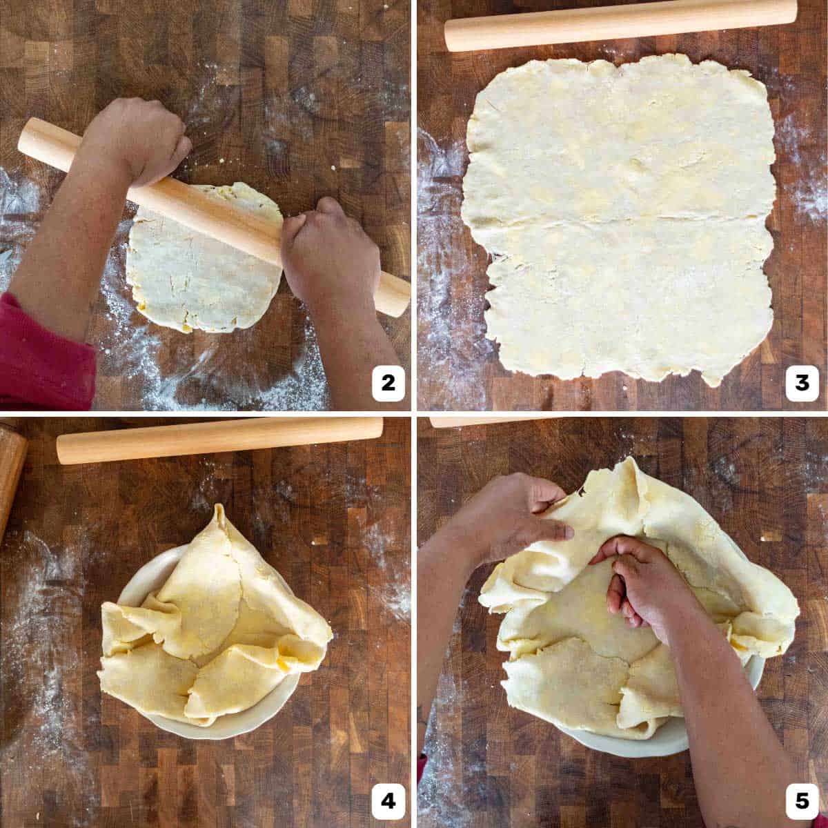 Hands rolling pie dough on a floured surface with a rolling pin, then placing it in a pie dish and adjusting the edges.