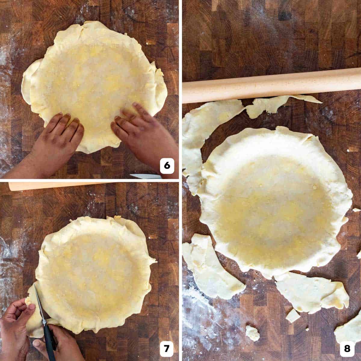 Hands shaping pie dough over a pie dish, and then trimming excess dough overhang with scissors.