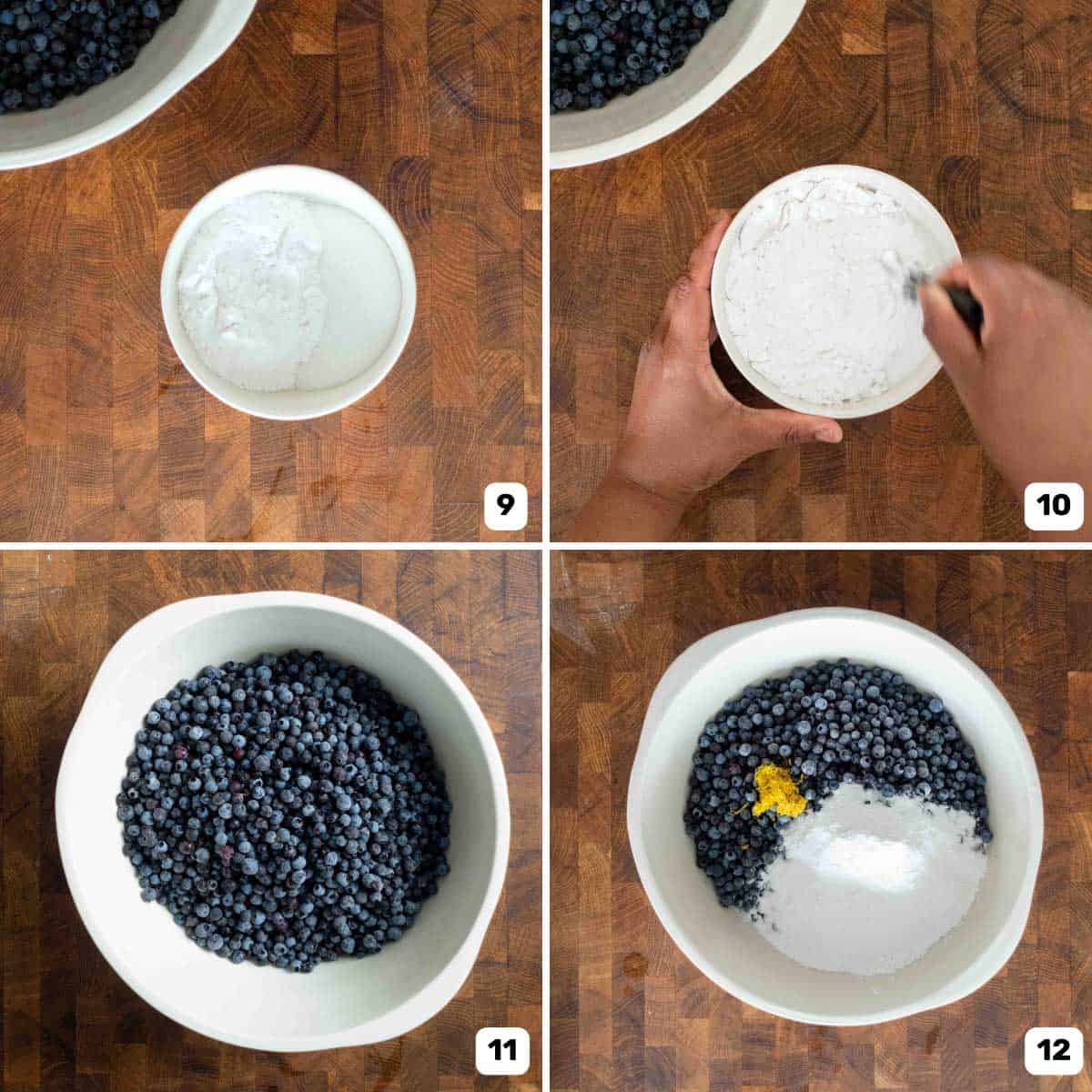 Preparing the no cook wild blueberry pie filling in a large bowl with sugar, tapioca starch and lemon juice and zest.