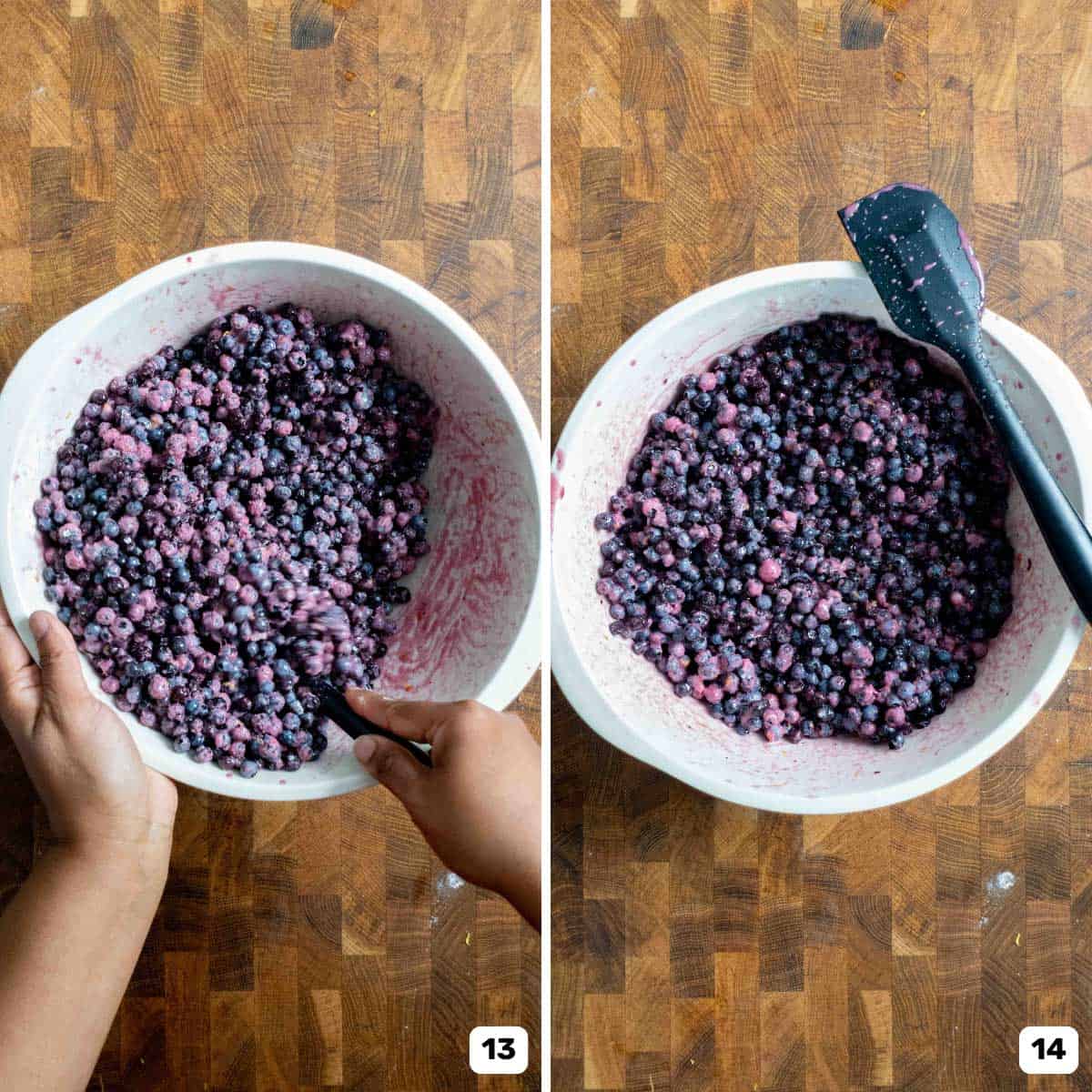 Prepared wild blueberry filling in a large white bowl with a rubber spatula next to it.