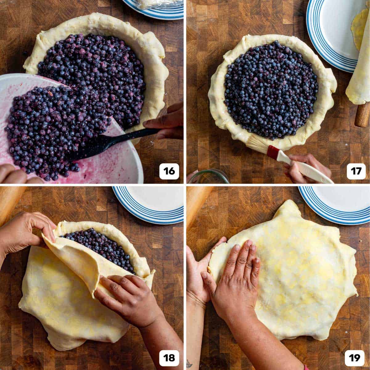 Transferring the blueberry filling into the pie dish with the bottom crust and then placing the top crust over it.