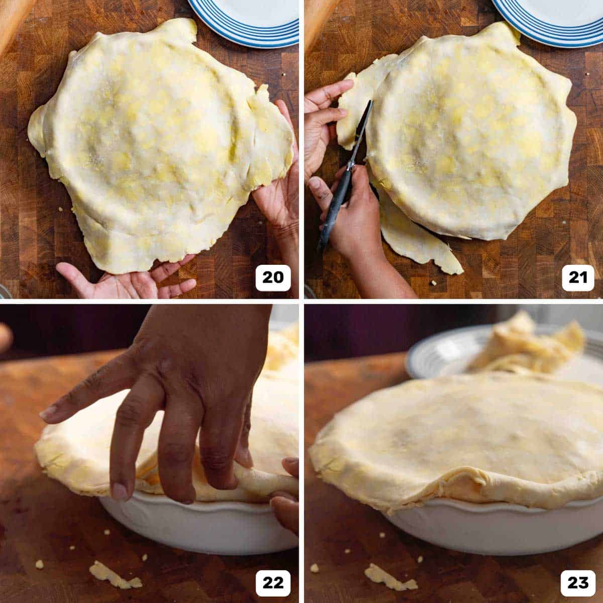 Trimming excess pie dough overhang from the top crust with scissors and then pinching top and bottom crusts together to seal.