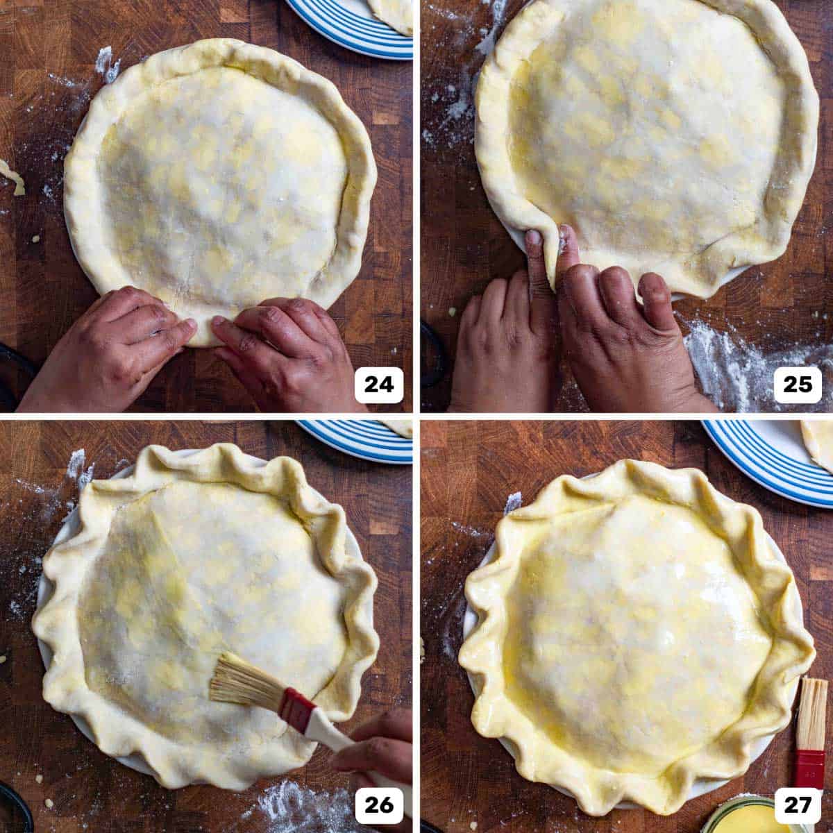 Image panel showing two hands fluting the top pie crust and then brushing the top crust with egg wash.