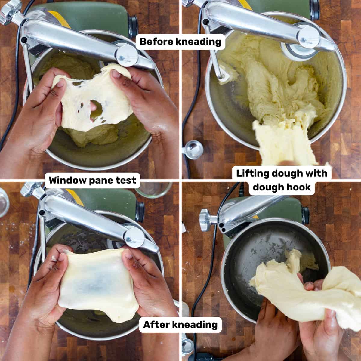 Four panel collage showing kneading dough in a mixer and the dough stretchability before and after kneading.