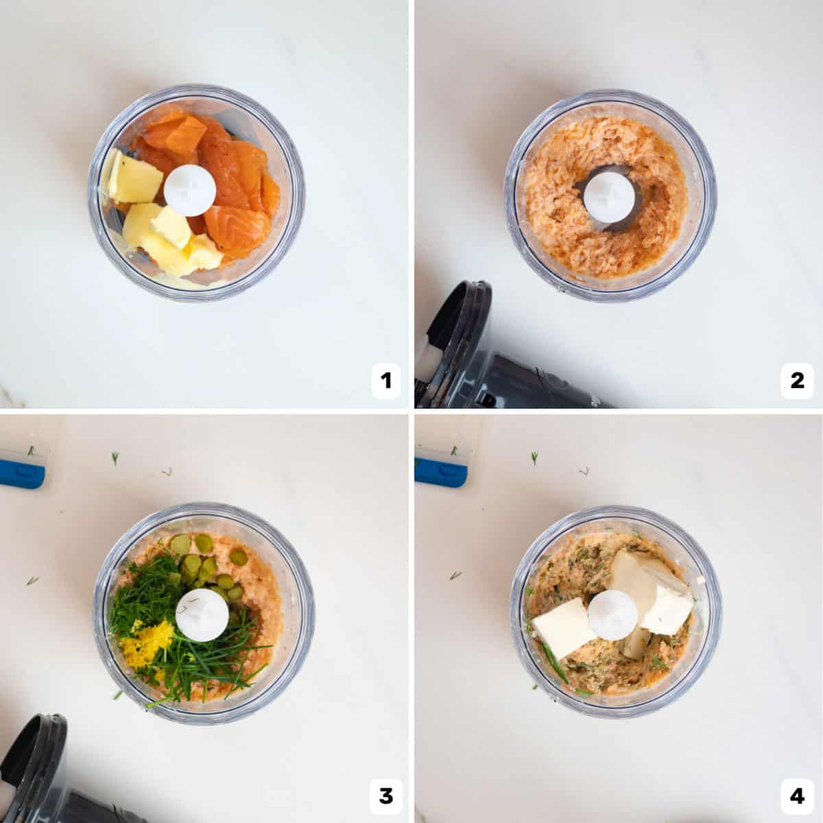 Adding all the ingredients to make salmon mousse into a small food processor and processing it in stages.