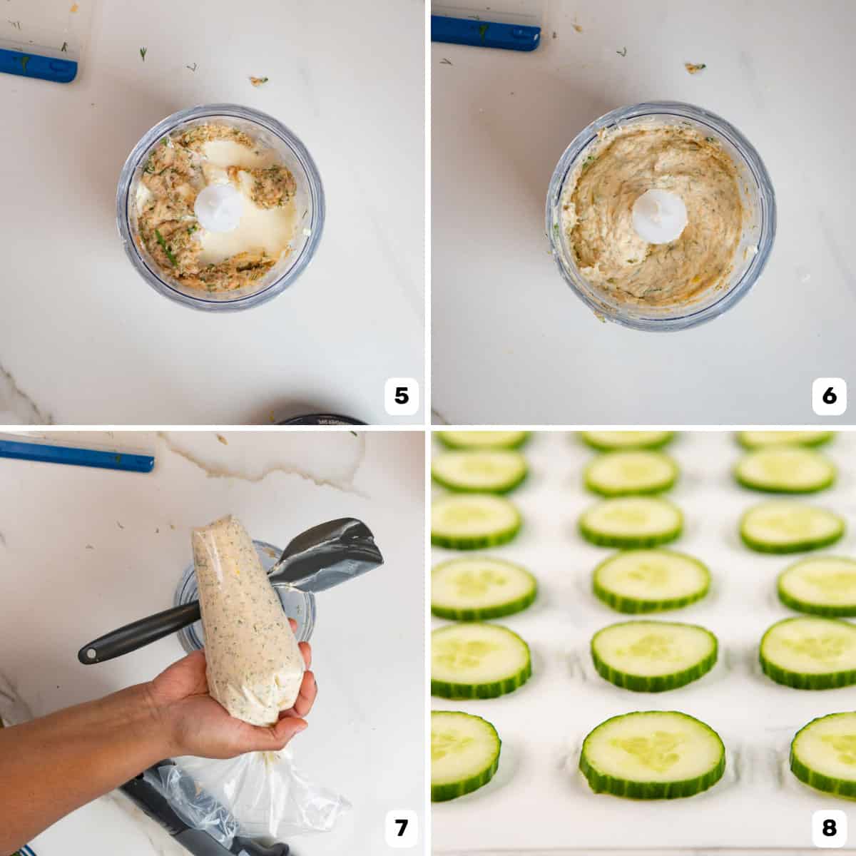 Transferring the processed salmon mousse into a large piping bag and arranging cucumber slices to make salmon mousse appetizers.