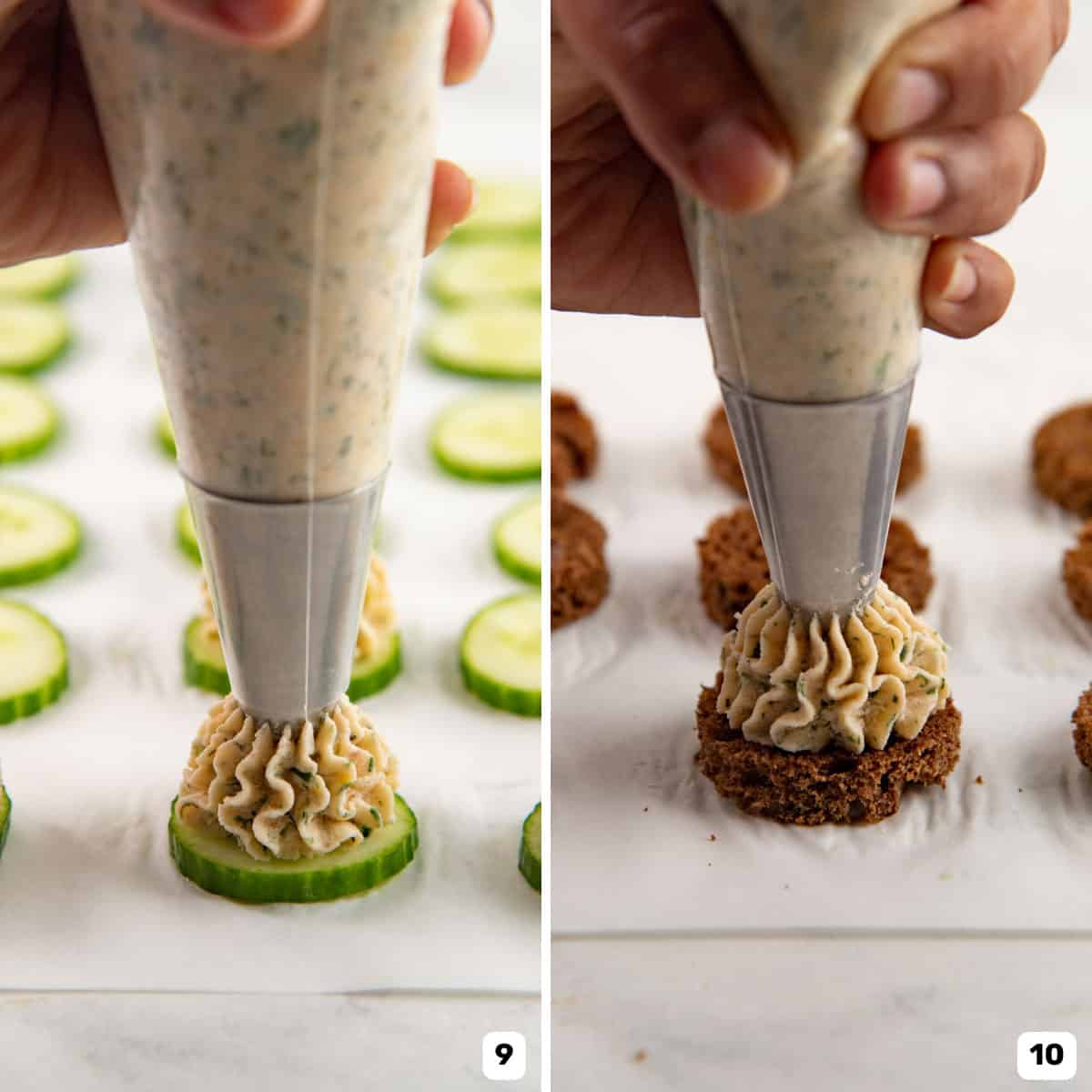 Two panel image showing a hand piping salmon mousse from a large piping bag onto a cucumber slice and a rye bread round.