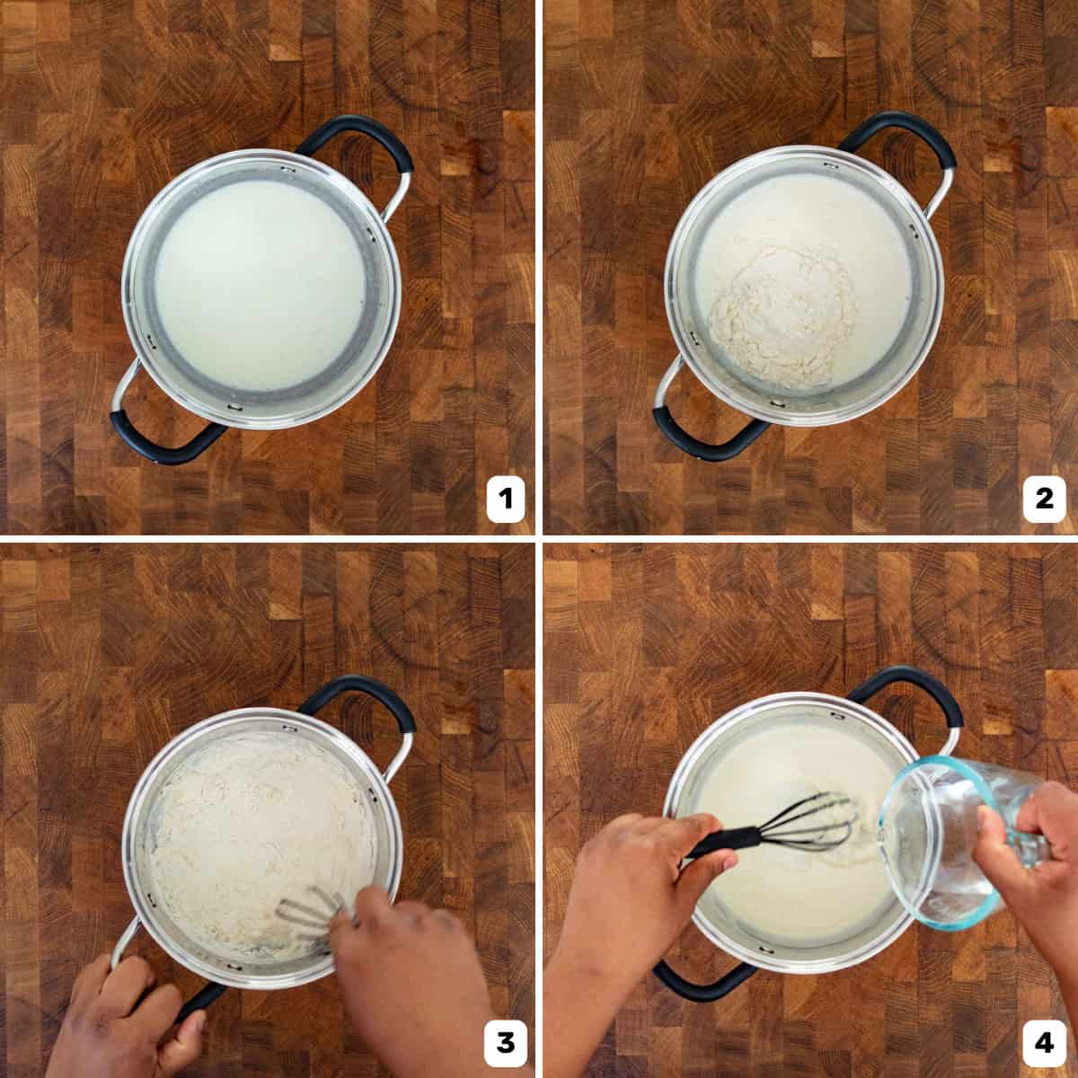 Making the tangzhong paste in a saucepan with milk, flour, and water. A hand is whisking while pouring in water.