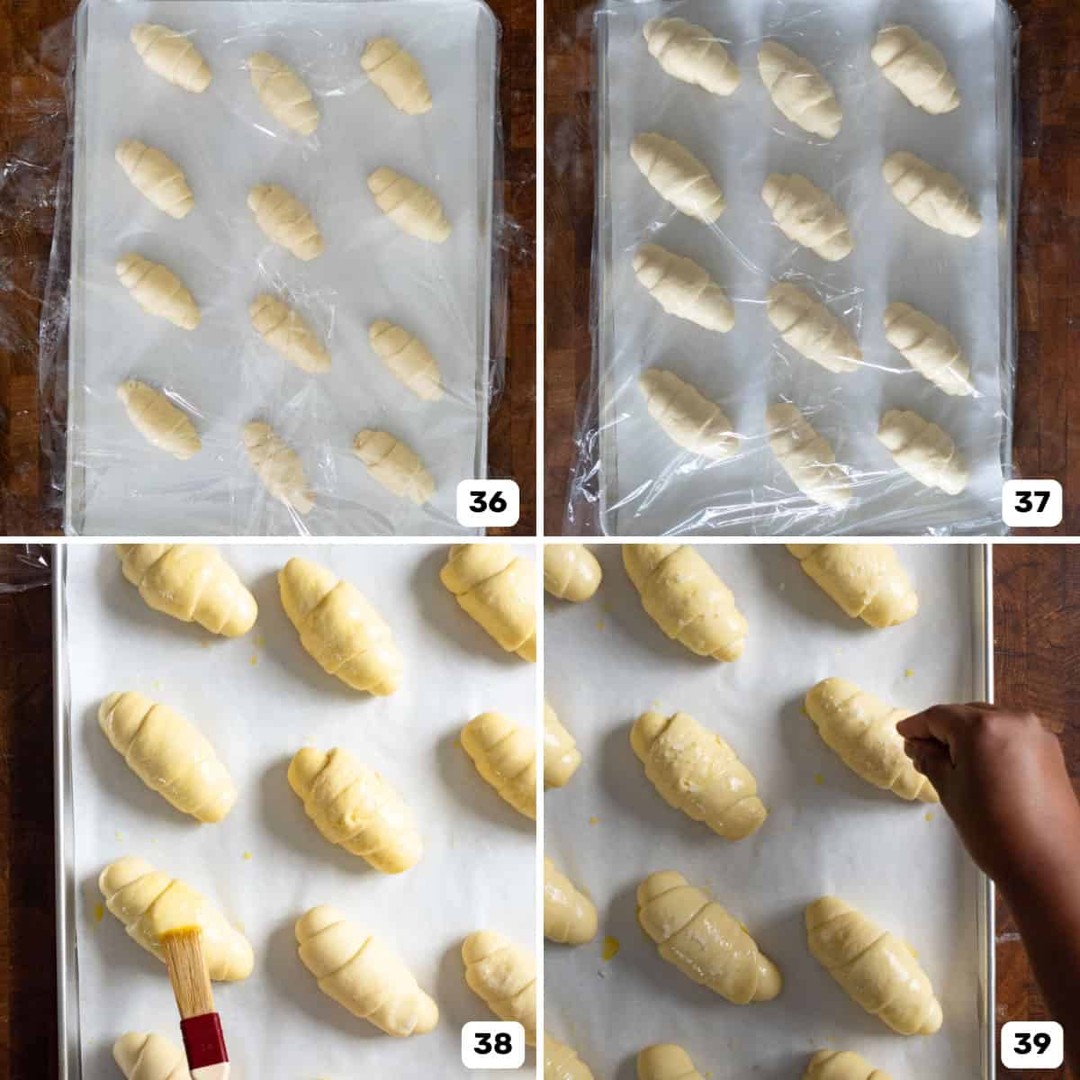 Before and after the final proof of the shaped dough, and then brushing it with egg wash and sprinkling salt on top before baking.
