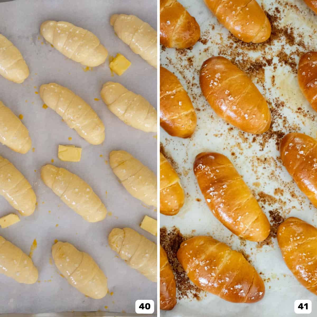 Side-by-side image of unbaked and baked salt bread rolls on parchment paper. Baked rolls are golden brown and shiny.