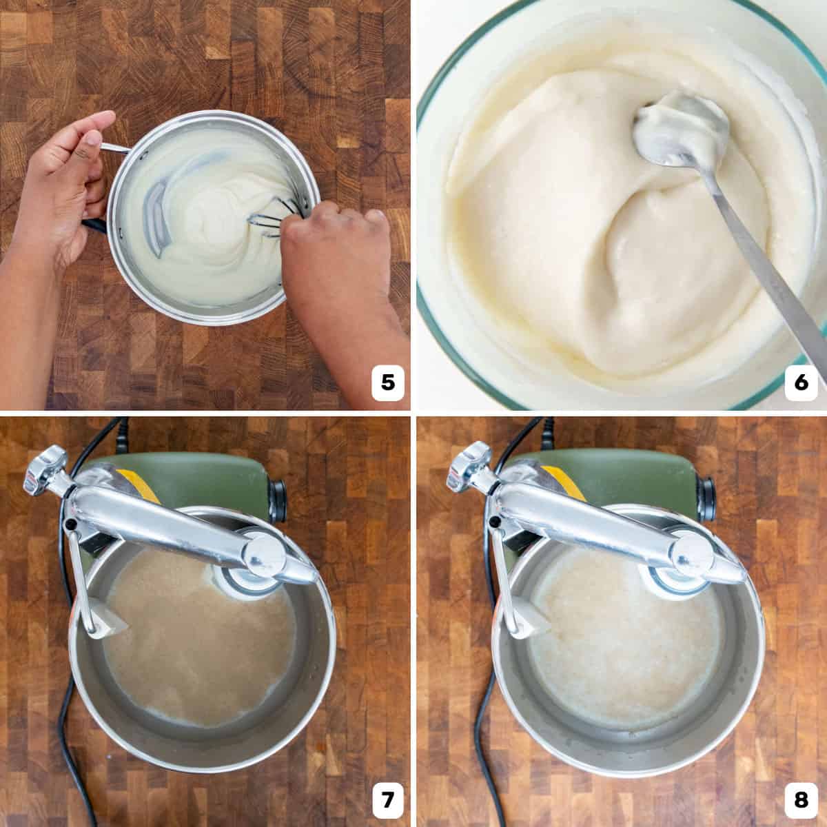 Four panel collage showing the tangzhong paste is ready in a glass bowl. Below, yeast is being activated in a mixer with milk and sugar.