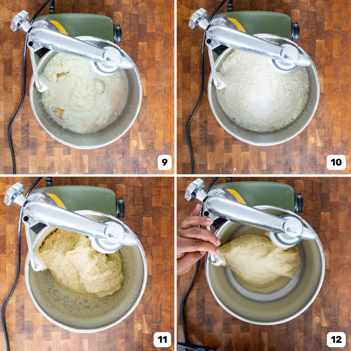 Four panel collage showing addition of dry ingredients into the wet ingredients in the mixer and kneading the dough.