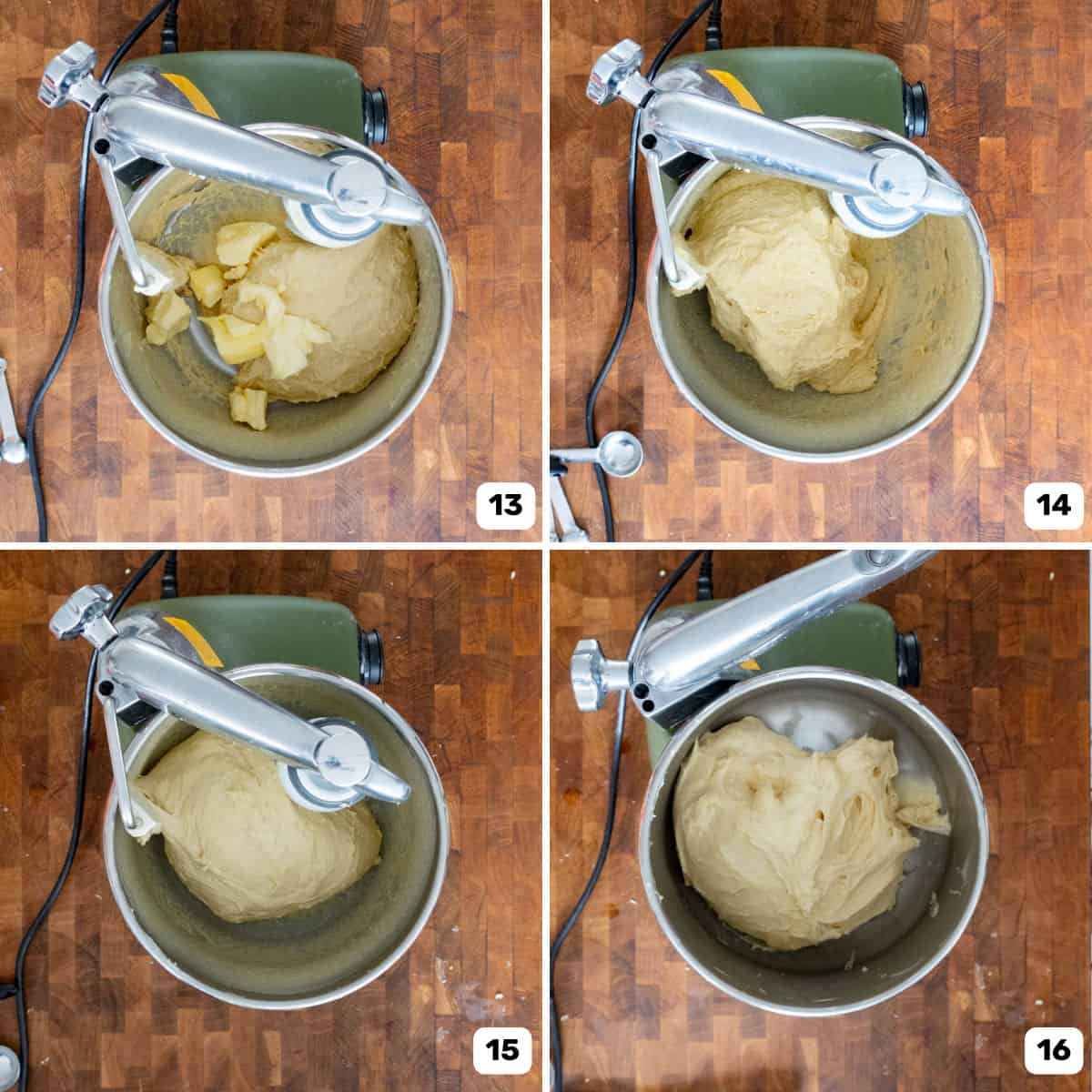 Adding butter to the dough in the mixer that is being kneaded.