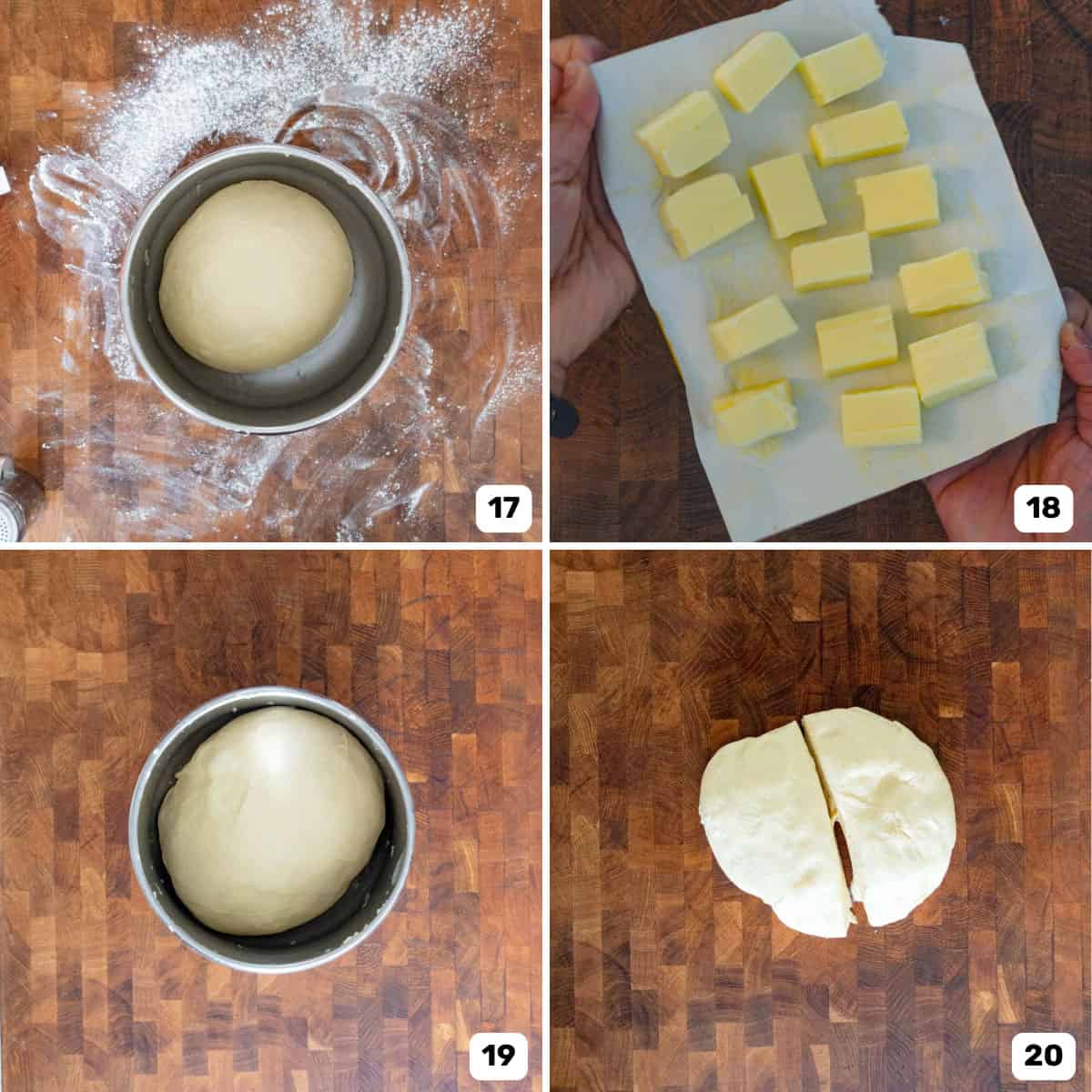 Four panel collage showing salt bread dough before and after proofing in the mixer, and cutting the butter into 12 portions.