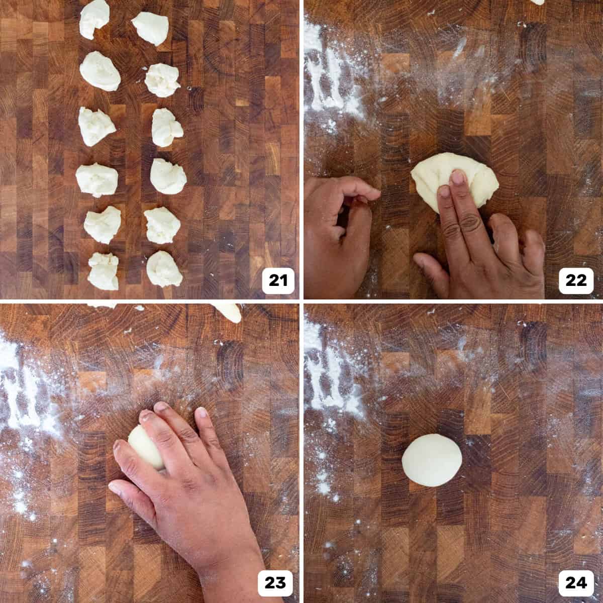 Portioning the salt bread dough into 12 equal portions and then rolling them into smooth balls on a wooden surface.