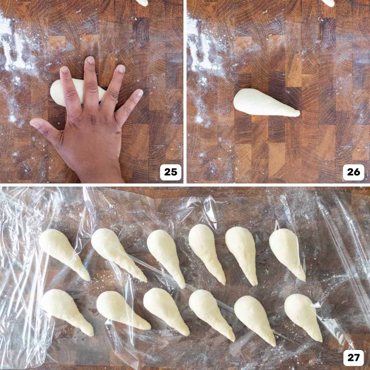A hand is shaping dough portions into a carrot shape on a floured wooden surface to make shio pan.