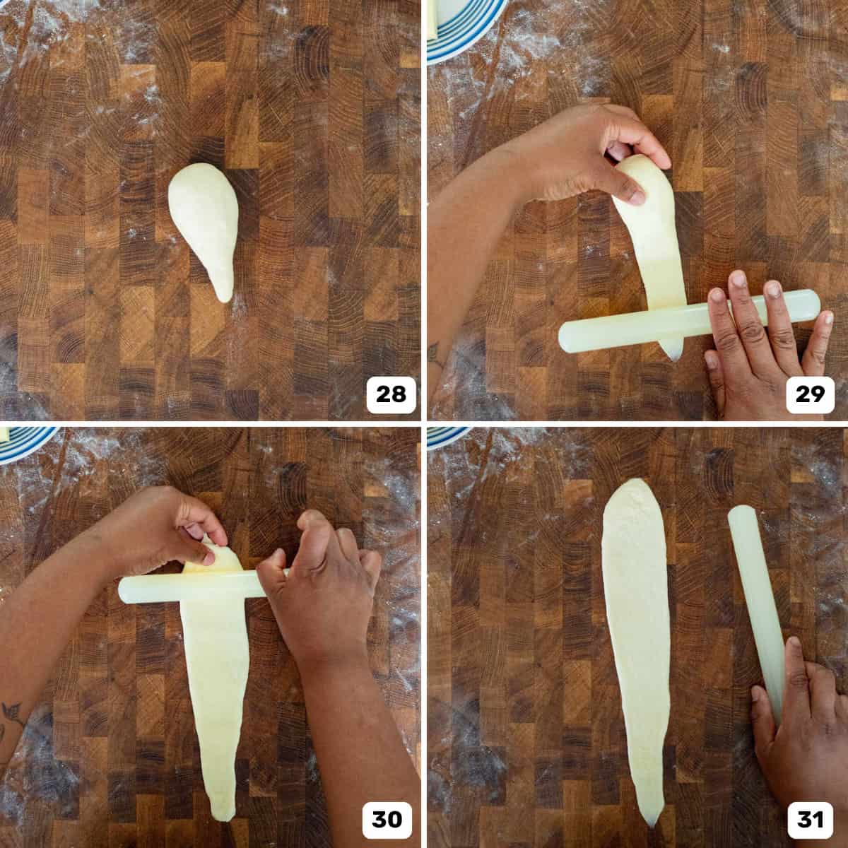 A four-step collage showing dough rolling on a wooden surface. Each step shows hands shaping dough with a rolling pin.