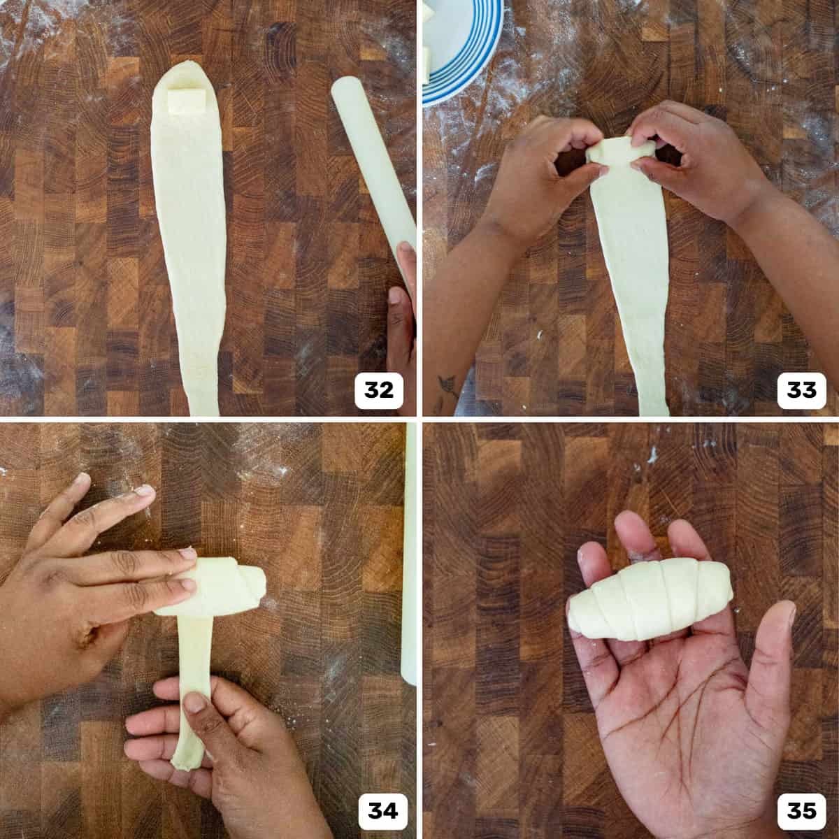 A step-by-step guide to folding salt bread dough into a croissant shape on a wooden surface.