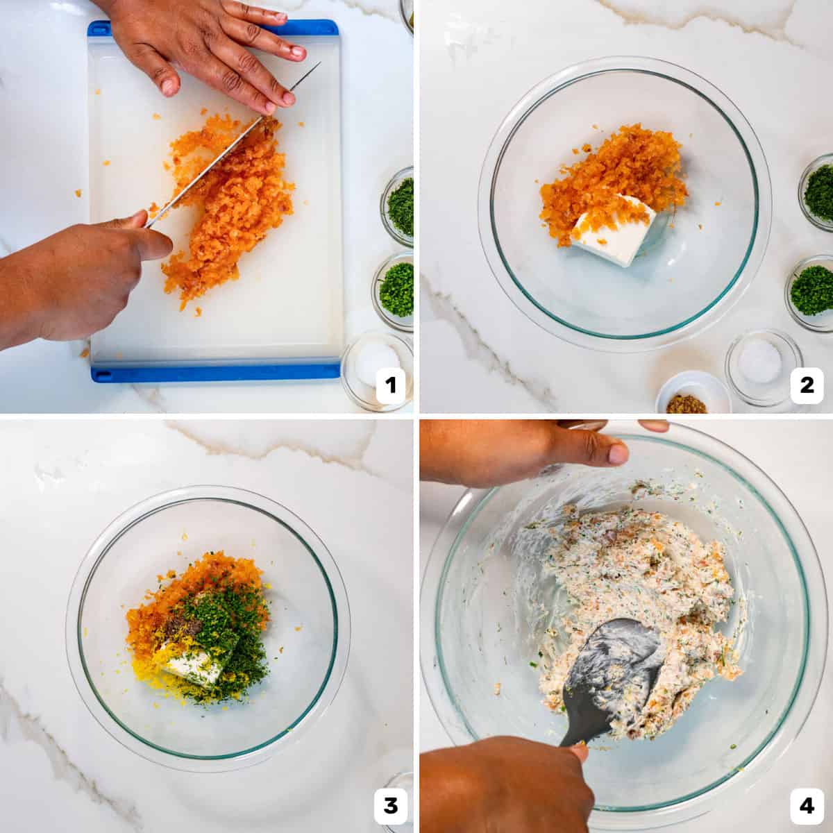 Chopping the smoked salmon and herbs and adding them to a glass bowl with cream cheese and lemon zest.