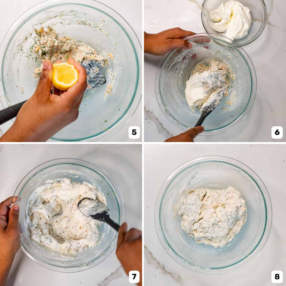 Making the canape filling with cream cheese, chopped salmon and herbs, lemon zest and juice in a glass bowl.