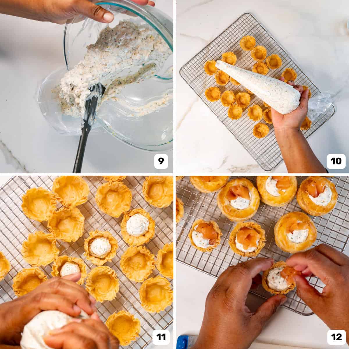 Scooping the smoked salmon and cream cheese filling into a large piping bag and piping it into mini phyllo pastry cups.