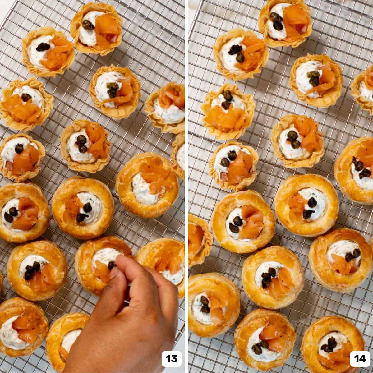 Adding capers as a garnish over the cream cheese and smoked salmon filling in puff pastry tarts.