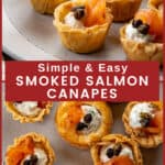 Plate full of salmon canapes, each with a crisp phyllo tart shell filled with cream cheese, smoked salmon, and capers.