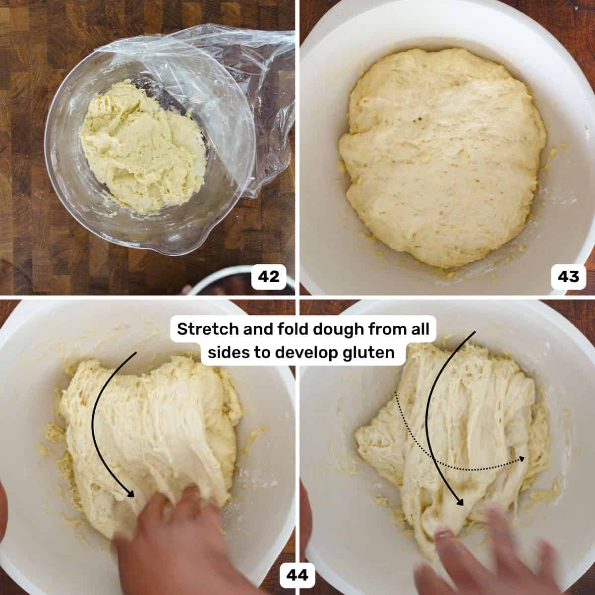 Hand kneading the milk bread dough to make salt bread by stretching and folding it while inside a large white bowl.
