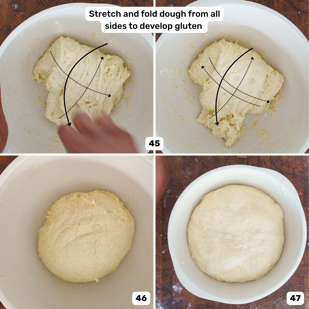 Four-panel image showing kneading dough by hand. Hands stretch and fold dough to develop gluten, and the dough becomes smooth and round.