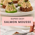 Smoked salmon mousse piped onto cucumber slices and rye bread rounds and served on a white plate.