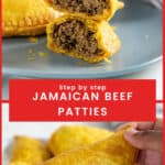 A hand holding a freshly baked Jamaican beef patty and another patty broken in half to show beef filling inside.