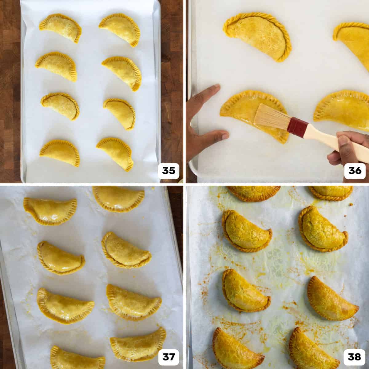 Brushing the formed beef patties with egg wash on a parchment paper.
