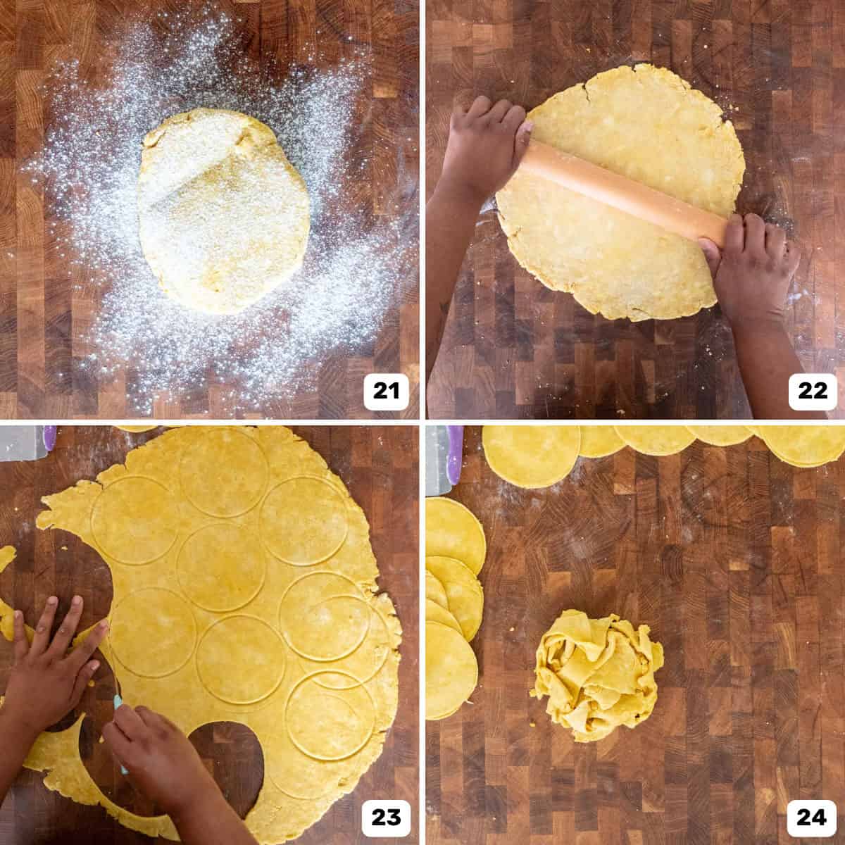 Four panel image of rolling out the Jamaican beef patty dough on a floured surface, and cutting out circles.