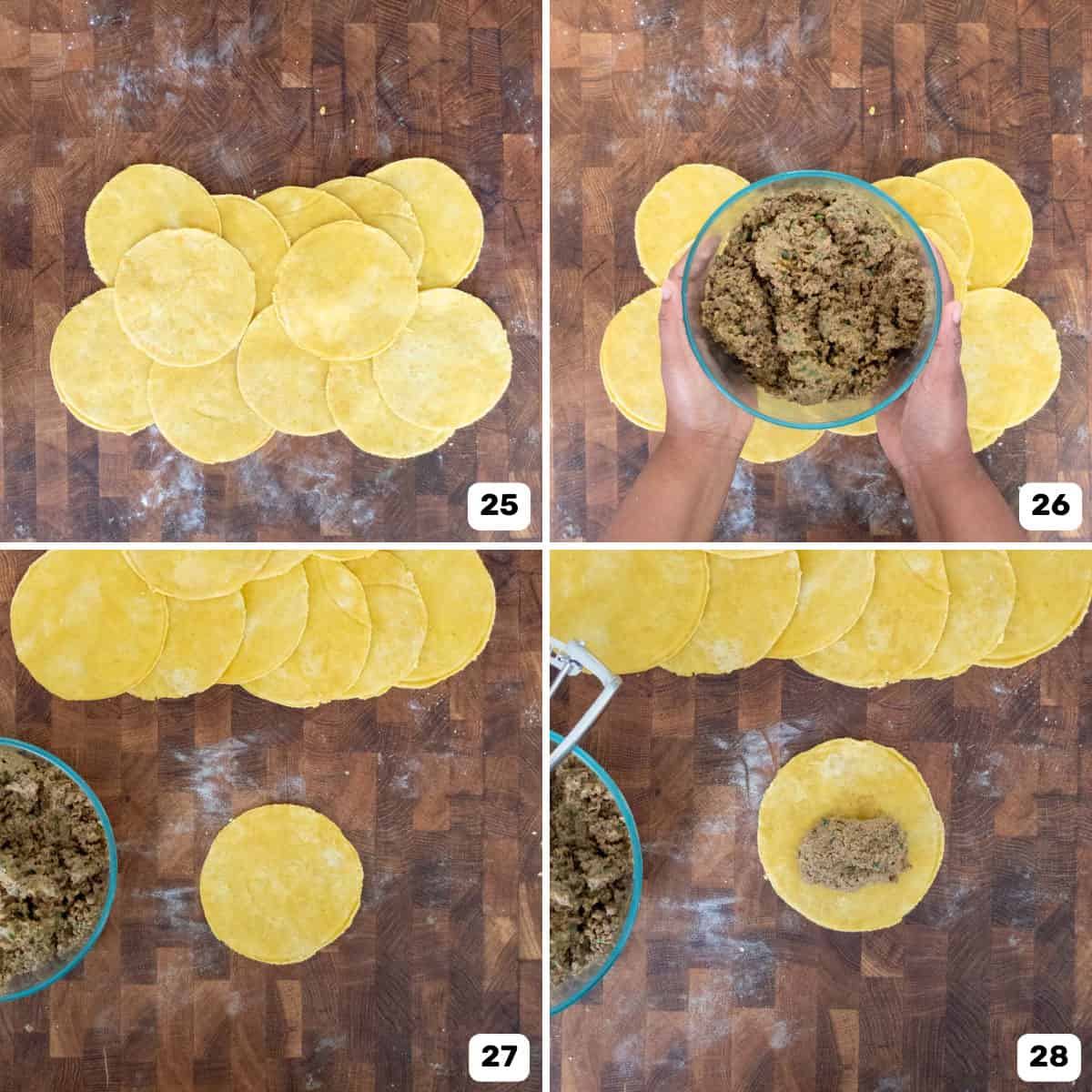 Four panel image of forming the curried beef patties by placing the filling in the middle of cut out pastry dough circles.