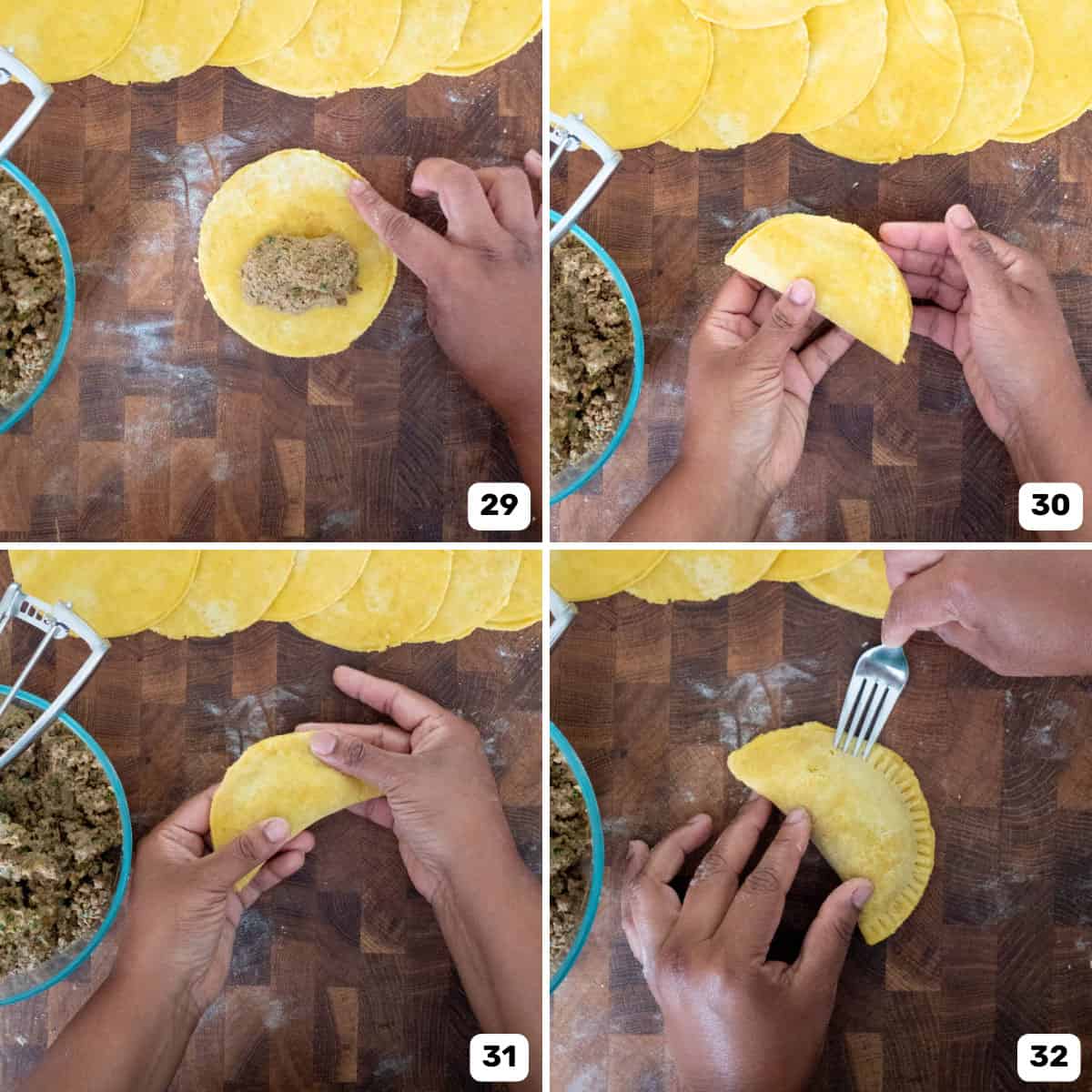 Forming the Jamaican beef patties by folding the dough over the ground beef filling and crimping the edges.