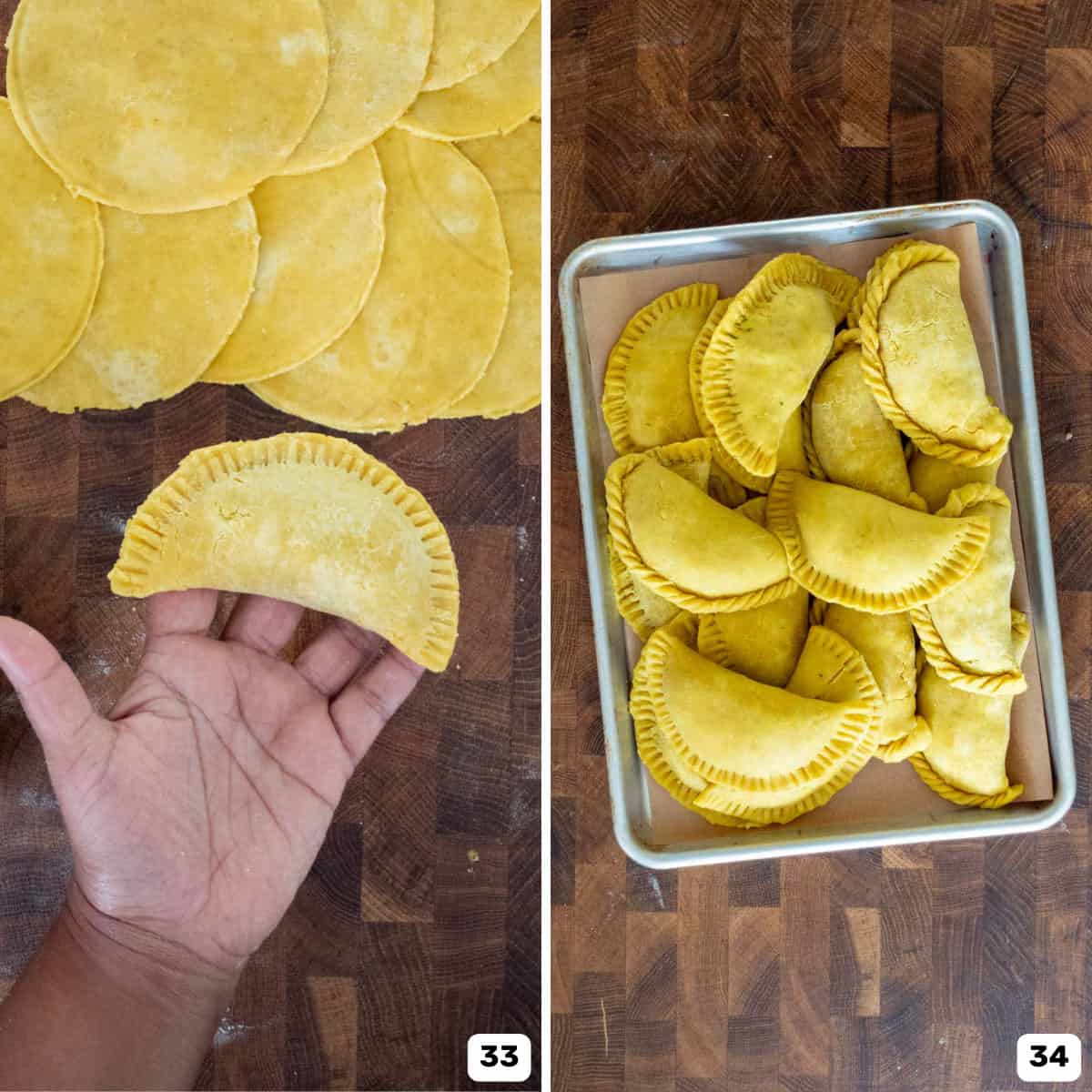 A hand holding up a formed beef patty with a crimped dough edge and a sheet pan full of freshly formed patties.