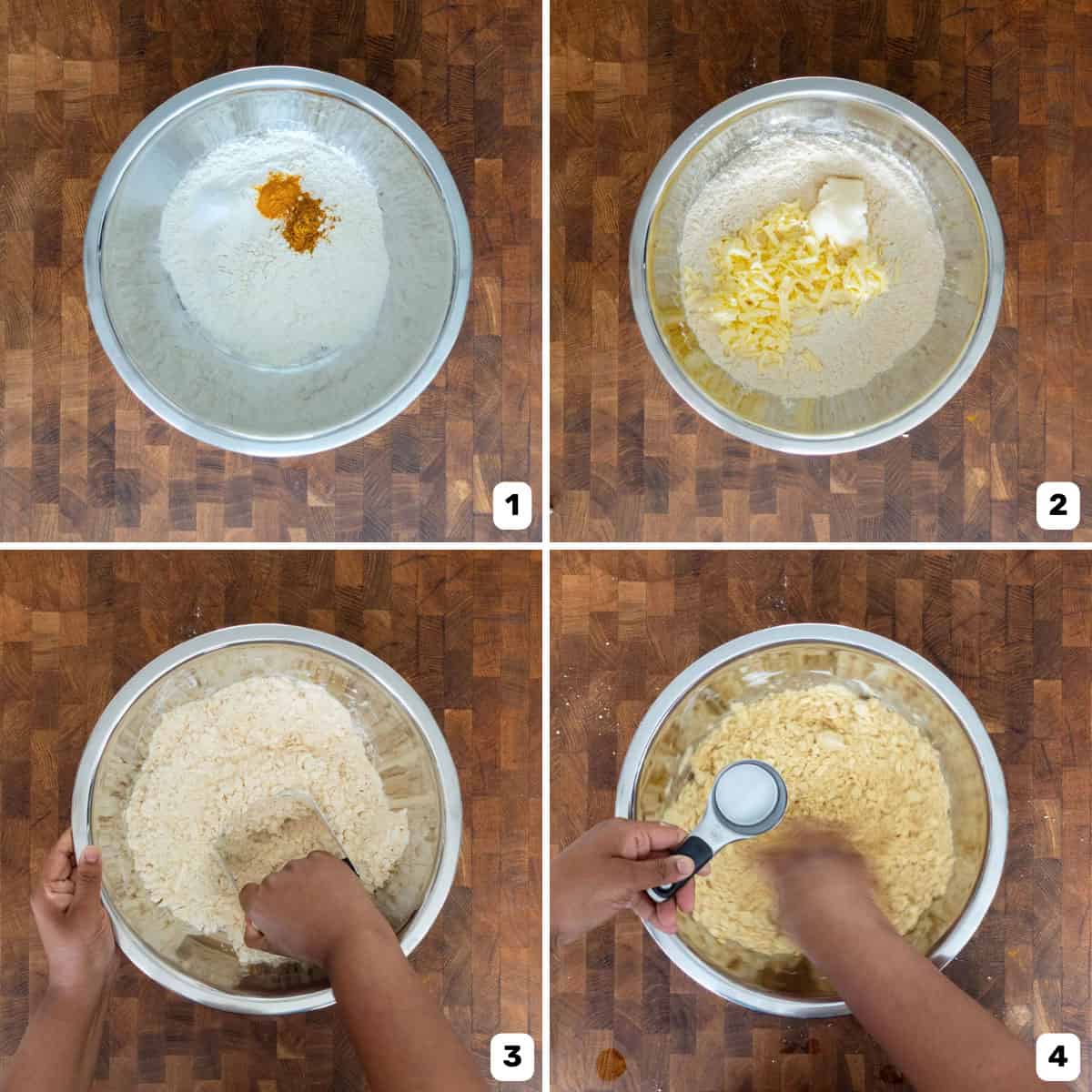 Preparing the dry ingredients including lard, butter, and flour in a large bowl to make the pastry dough.