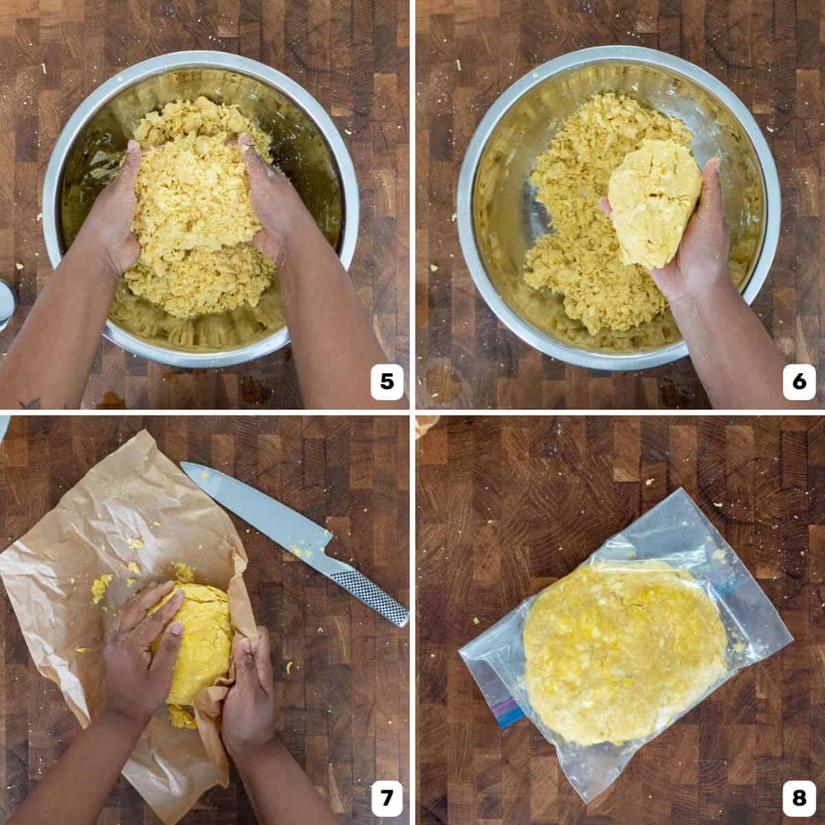 Four panel image of the last stages of preparing the pastry dough and bringing it together to form a ball.