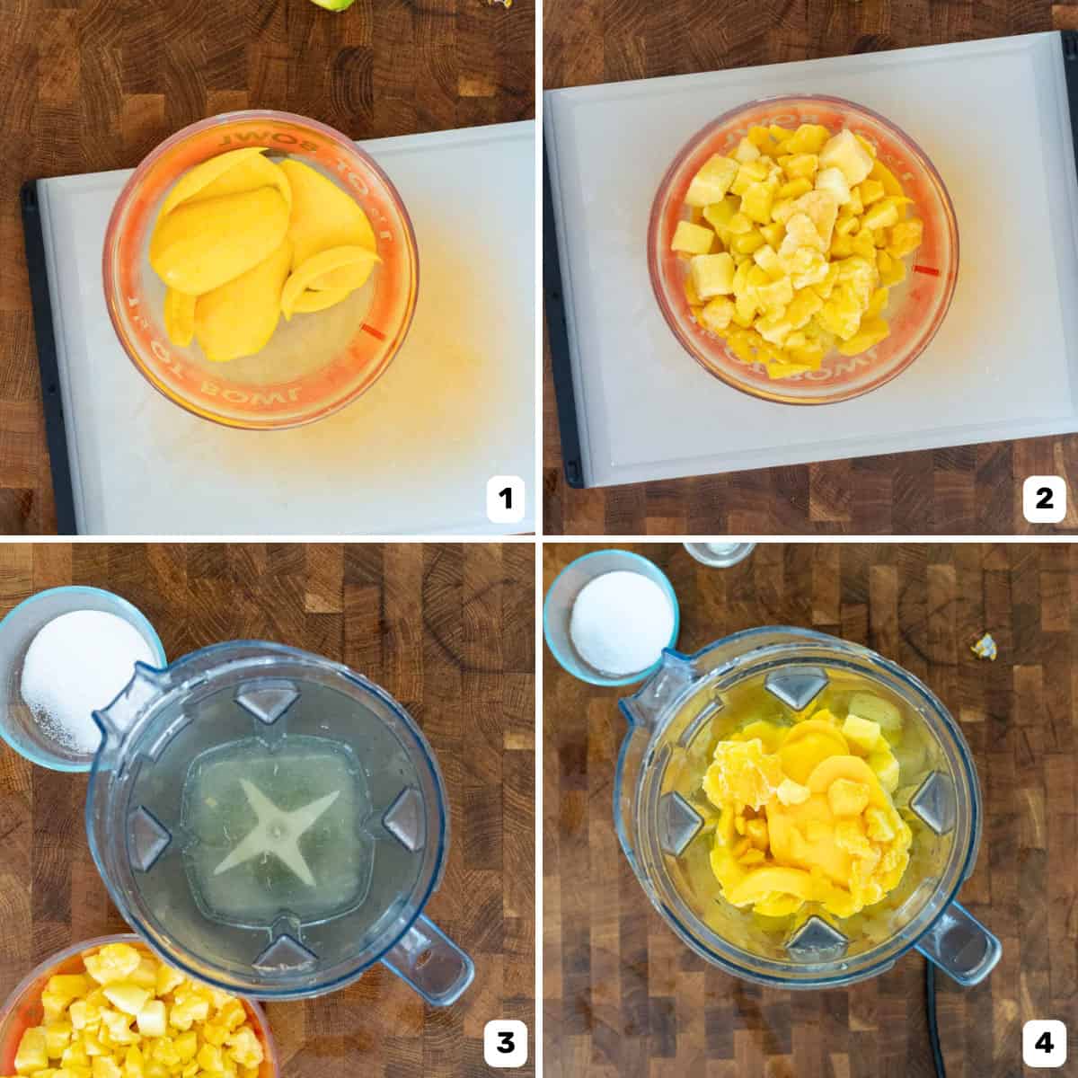 Four panel image to show how to cut and prepare the mangoes and then adding them to a blender to make the popsicle mix.
