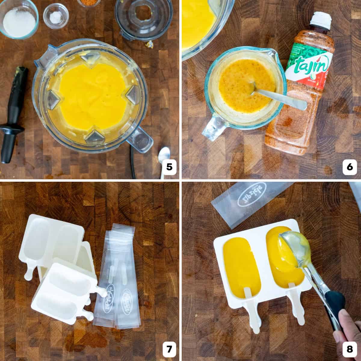 Making the mango popsicle mixture in the blender, adding tajin spice, and pouring the mix into popsicle molds.