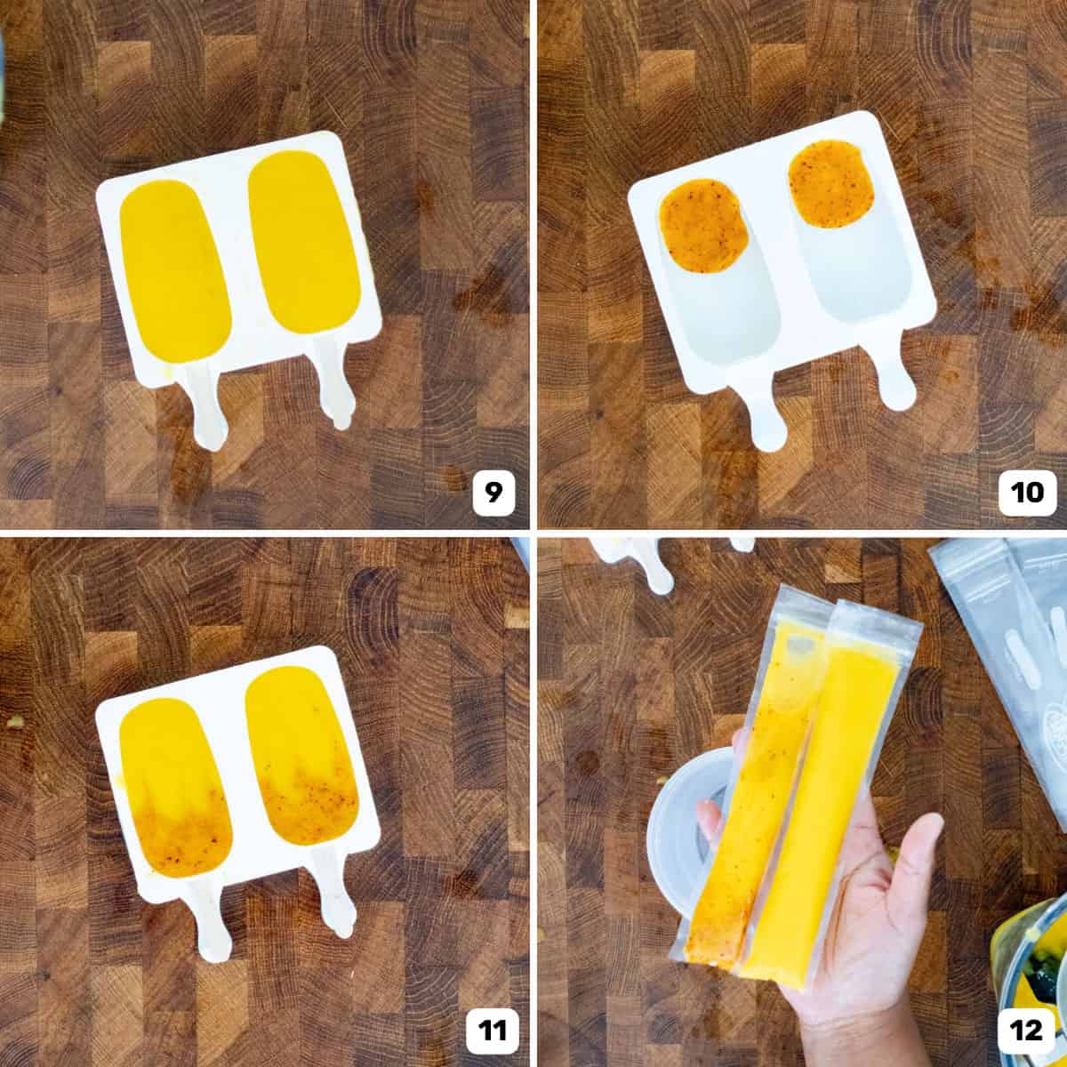 Different popsicle molds and freezie bags filled with mango popsicle mixture.