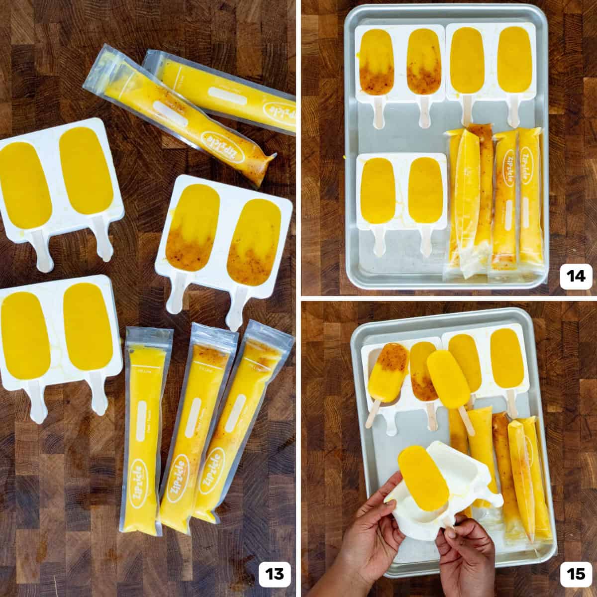 Frozen mango popsicles in different popsicle molds and freezie bags placed on a wooden surface.