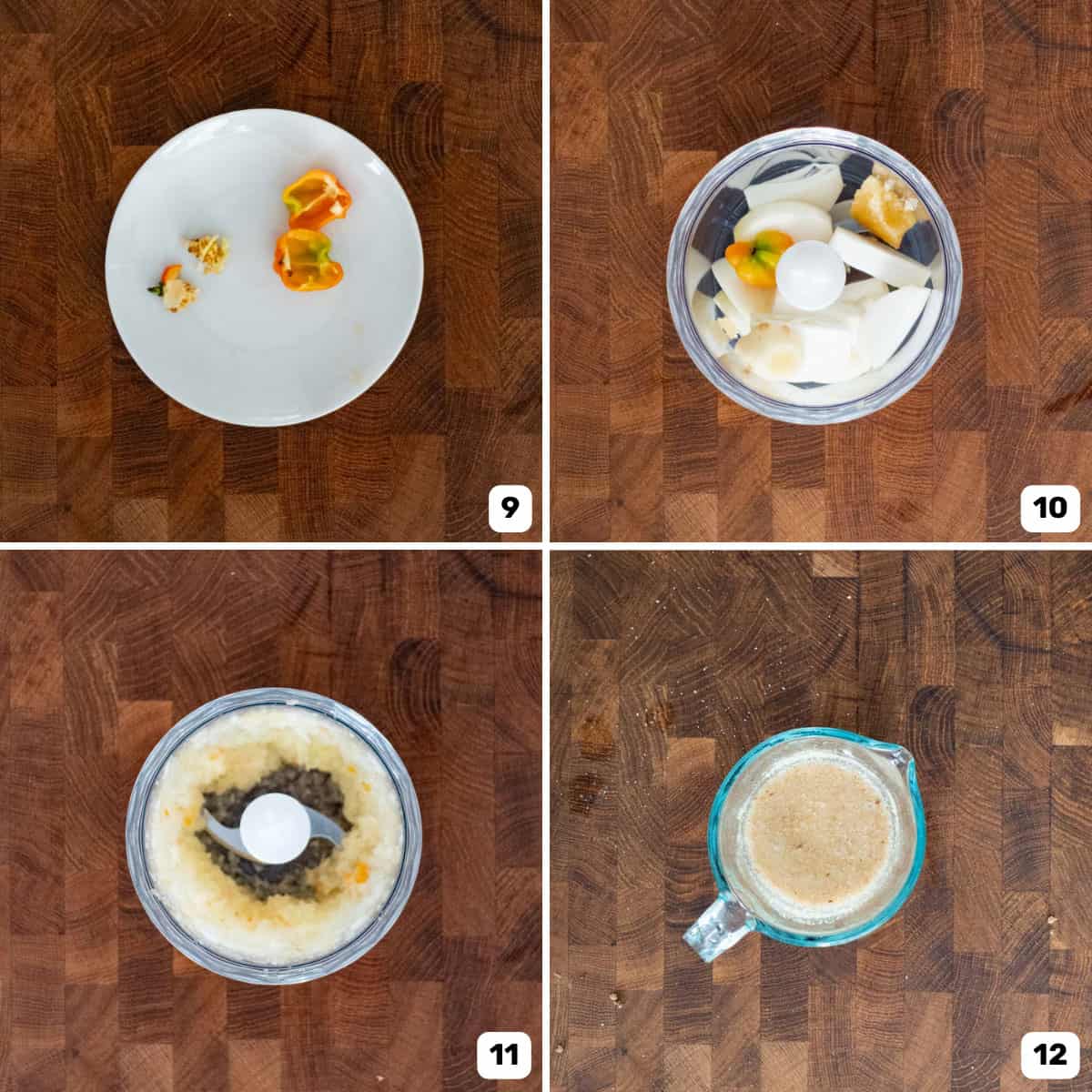 Four panel image of preparing the aromatics and scotch bonnet pepper in a small food processor, and making the panade in a jug.