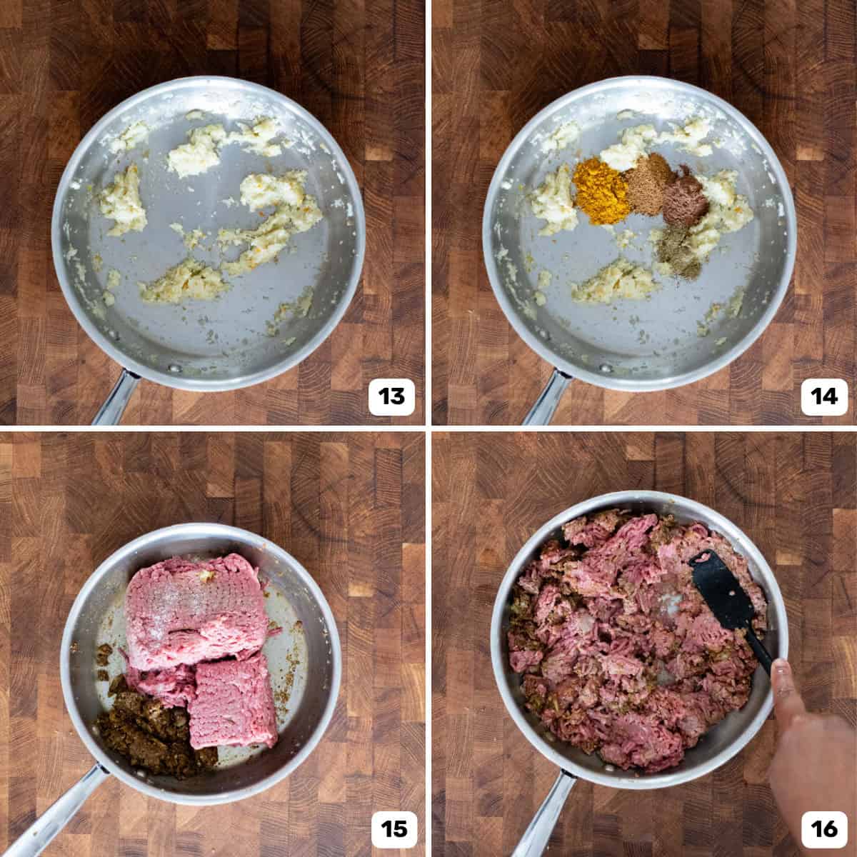 Four panel image of sautéing the aromatics and spices in a saucepan and adding the ground beef to make the spicy beef filling.