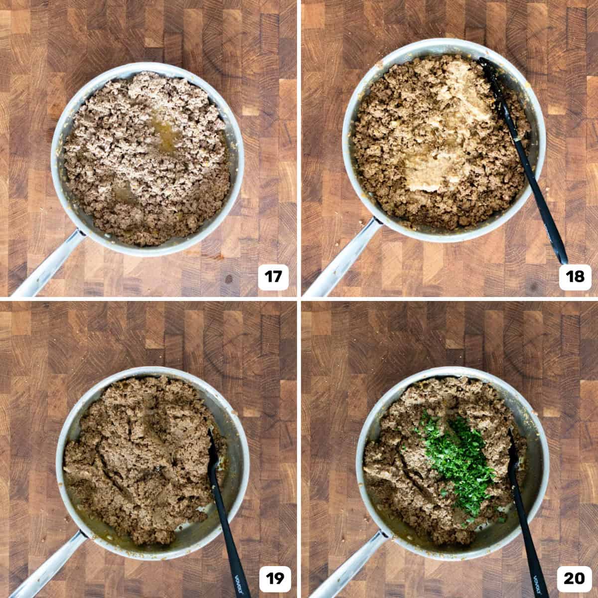 Four panel image of making the curried beef filling for the patties in a saucepan.